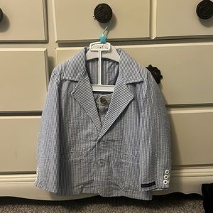Seersucker little boys shorts and sports-coat set. The jacket is “Rugged Butts”